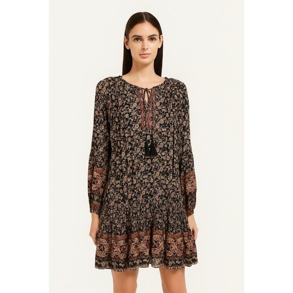 ASTR The Label Balloon Sleeve Printed Tiered Midi Chiffon Dress Brown Sz L #1523 - Picture 7 of 16